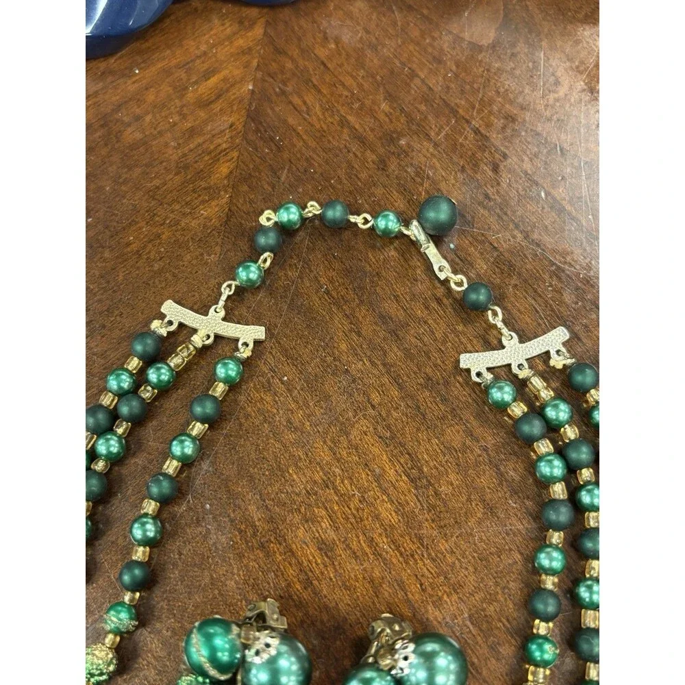 Vintage 1950s Japan Green Sugar Bead Triple Strand Necklace Clip Earrings Set